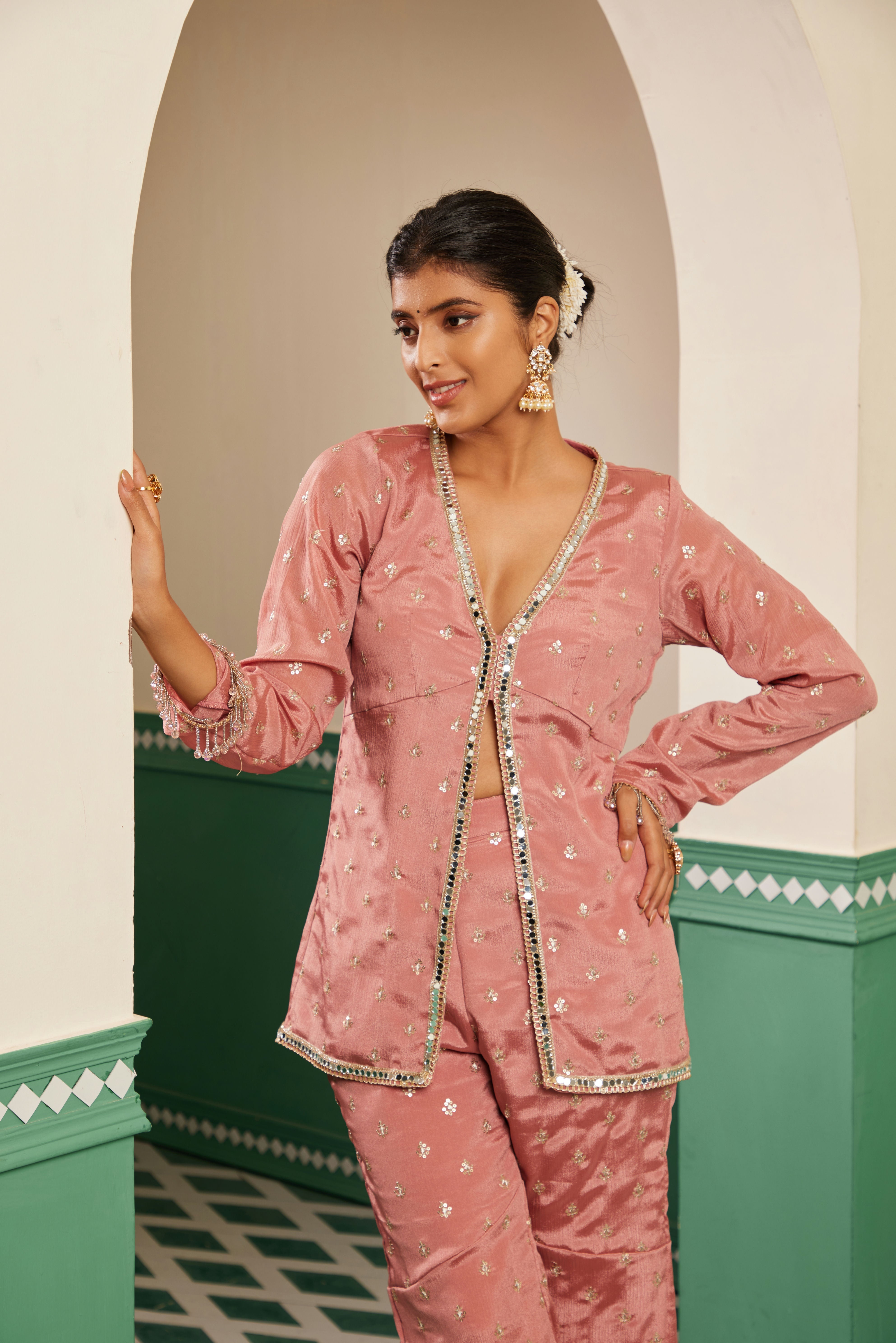 Sajda Onion Pink Embroidered Jacket Kurta Set