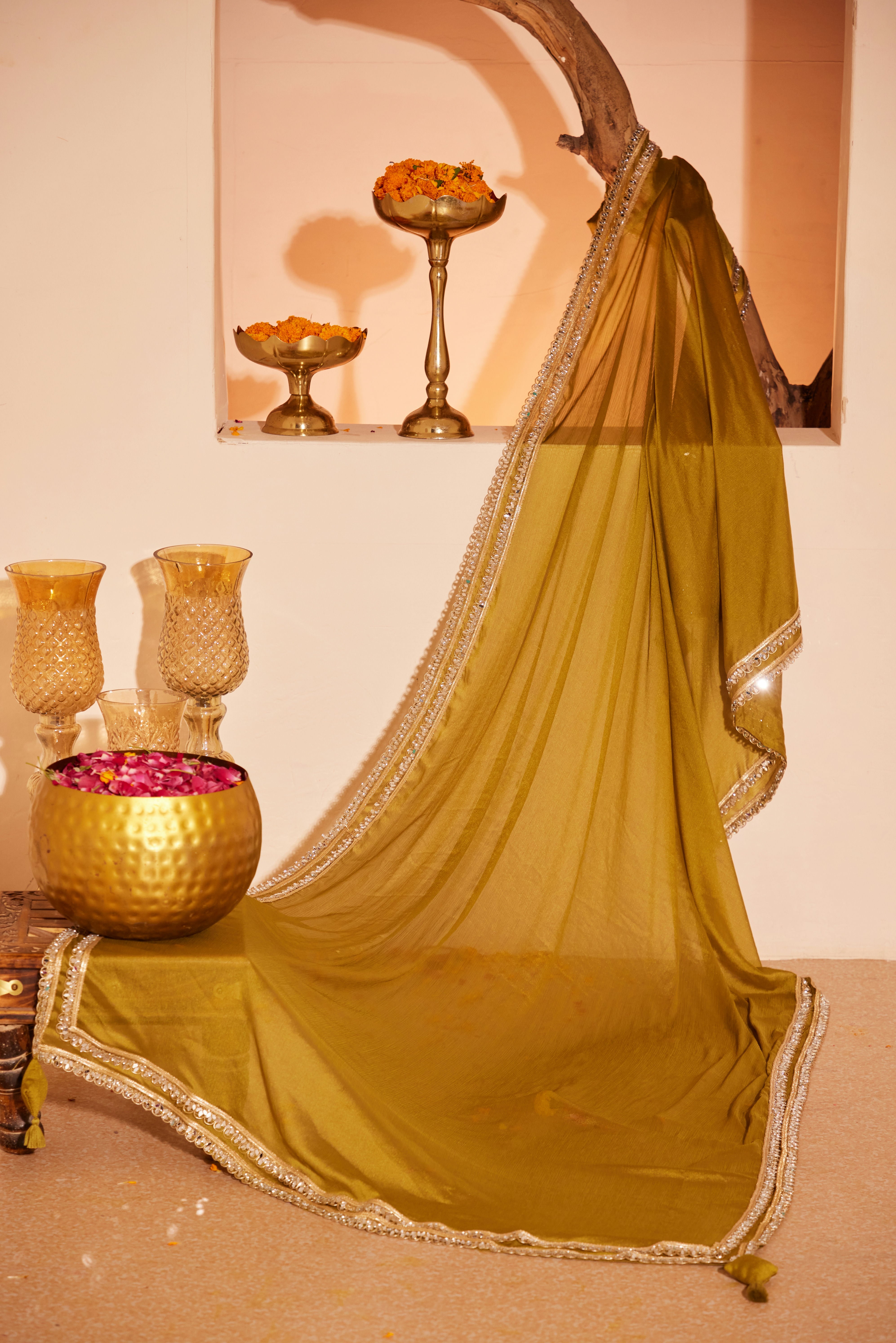 Sajda Olive Green Mirrorwork Dupatta