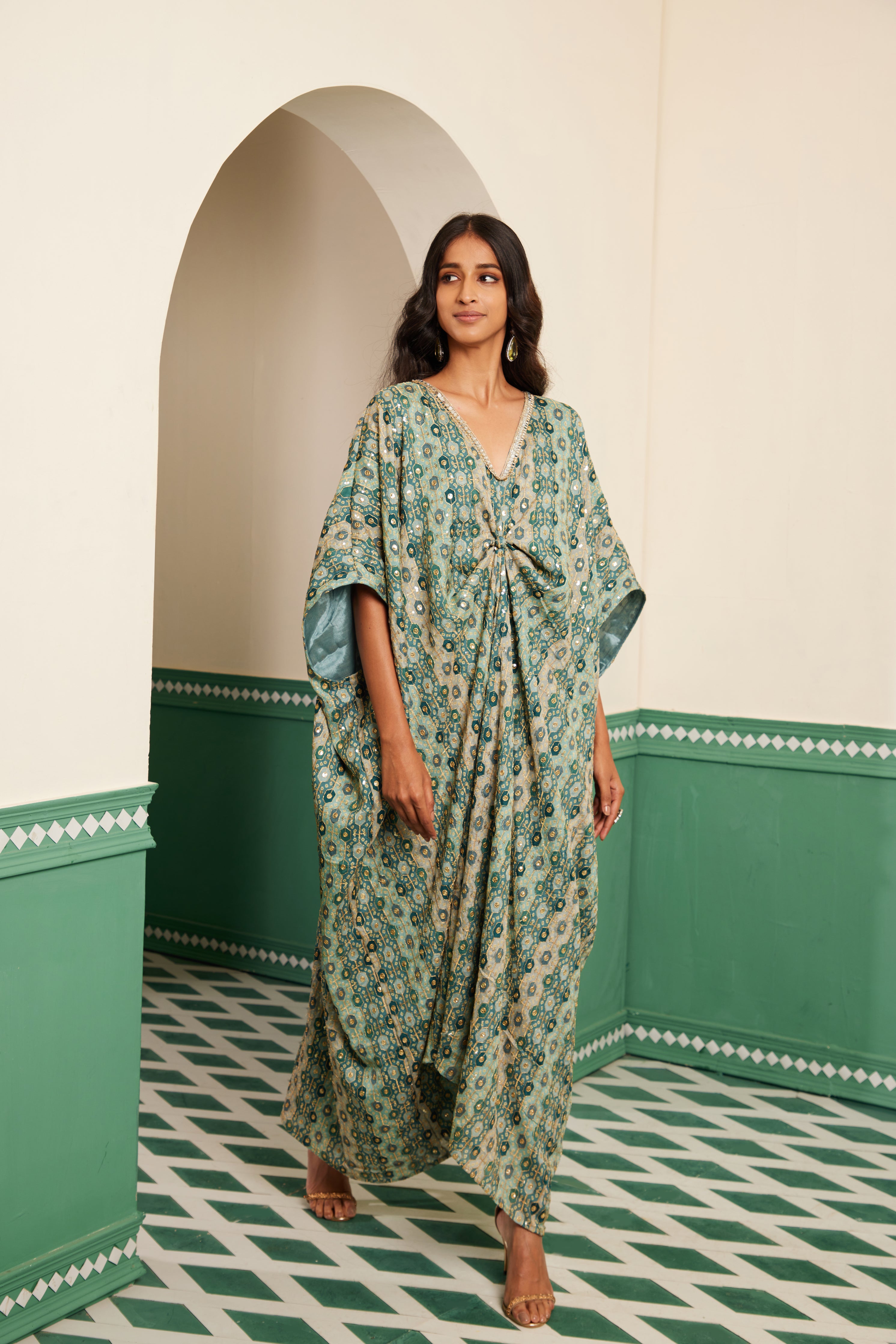 Sajda Teal Tonal Embroidered Kaftan