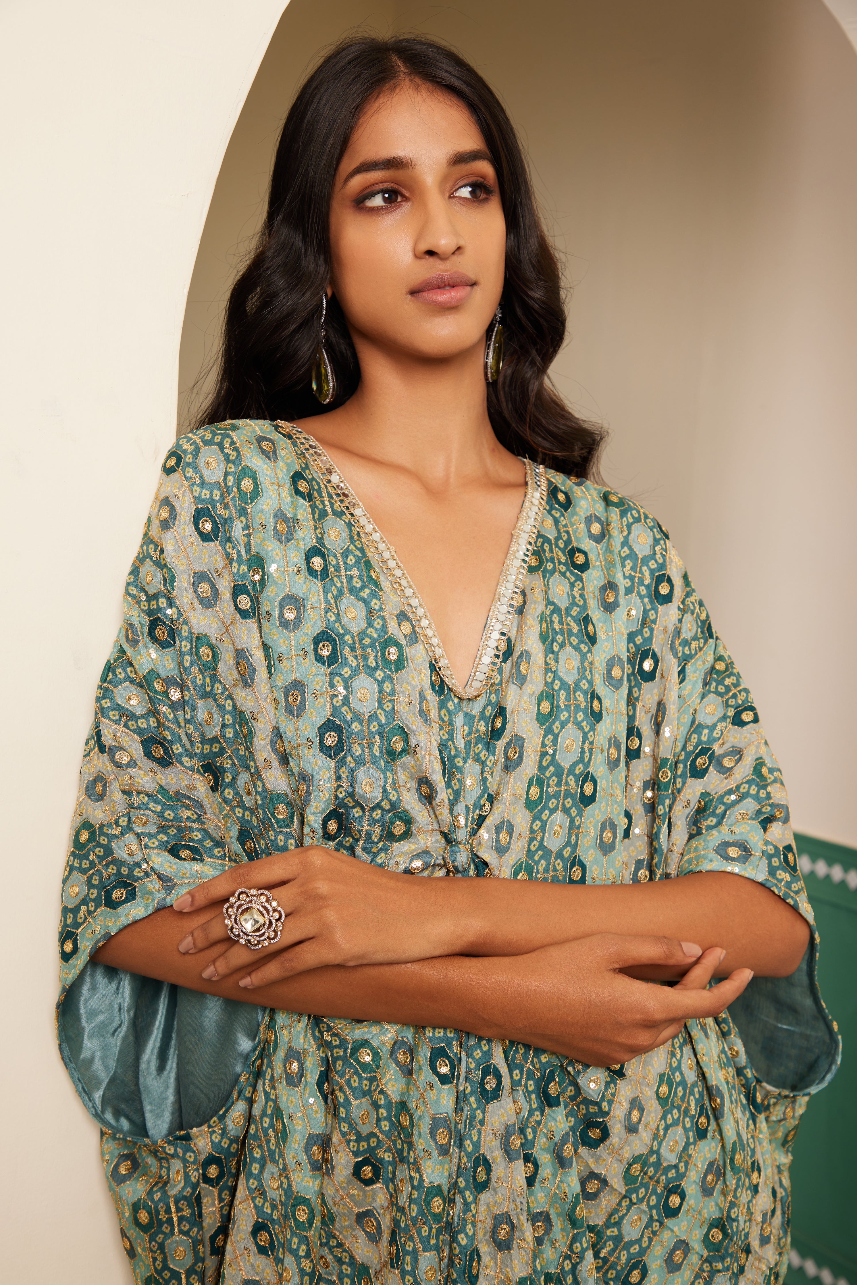 Sajda Teal Tonal Embroidered Kaftan