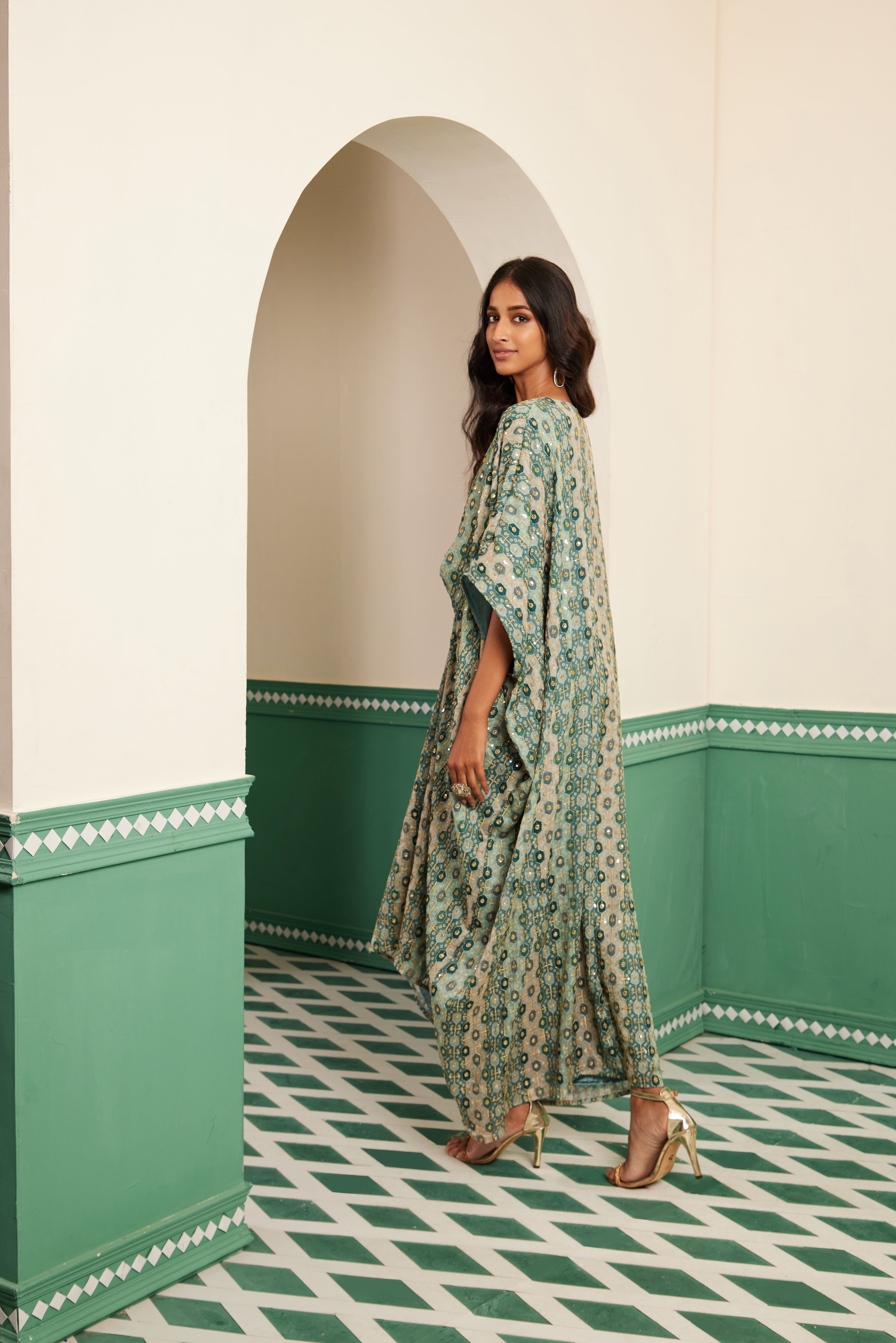 Sajda Teal Tonal Embroidered Kaftan