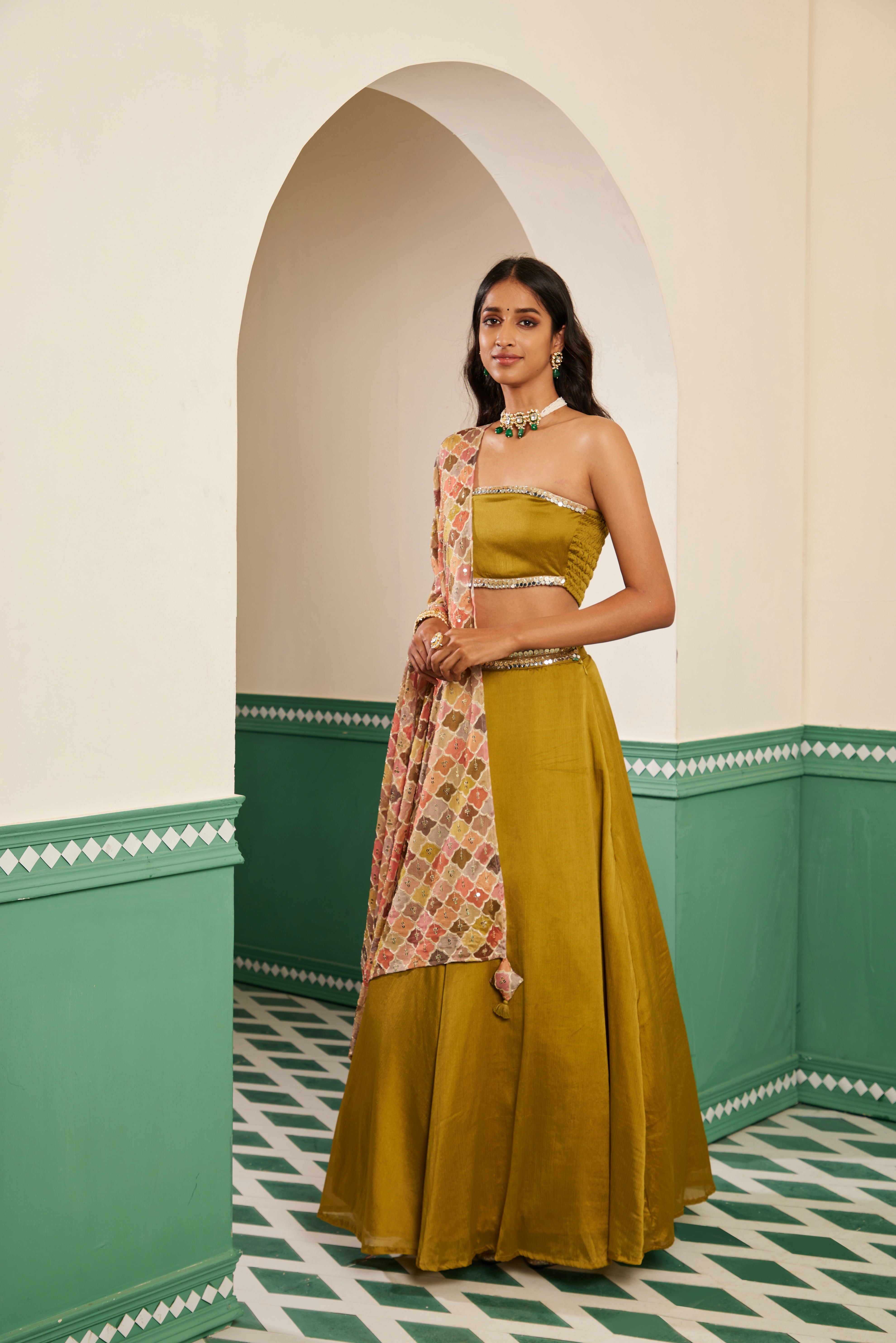 Sajda Olive Green Mirrorwork Lehenga Skirt