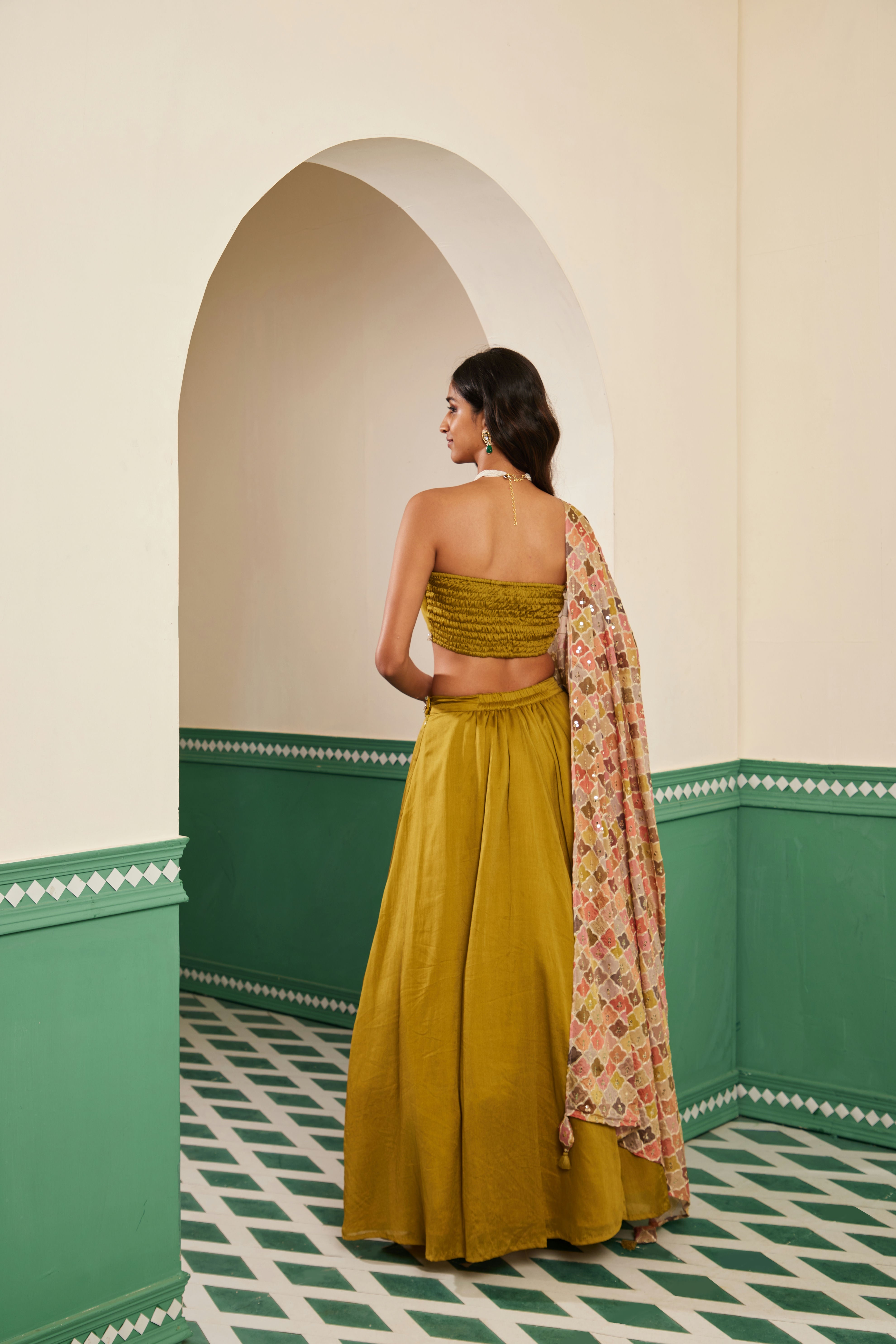 Sajda Olive Green Mirrorwork Tube Top