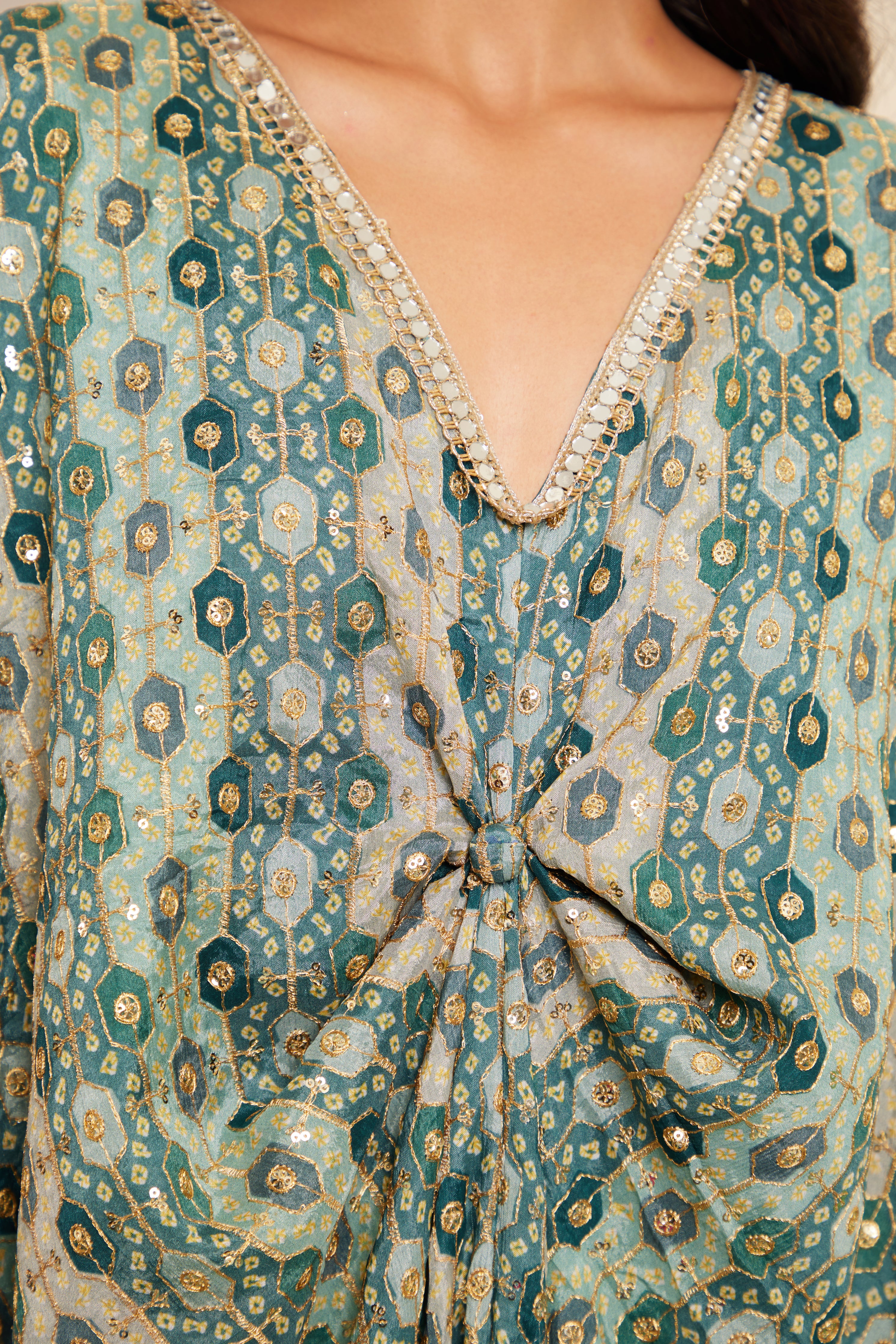 Sajda Teal Tonal Embroidered Kaftan