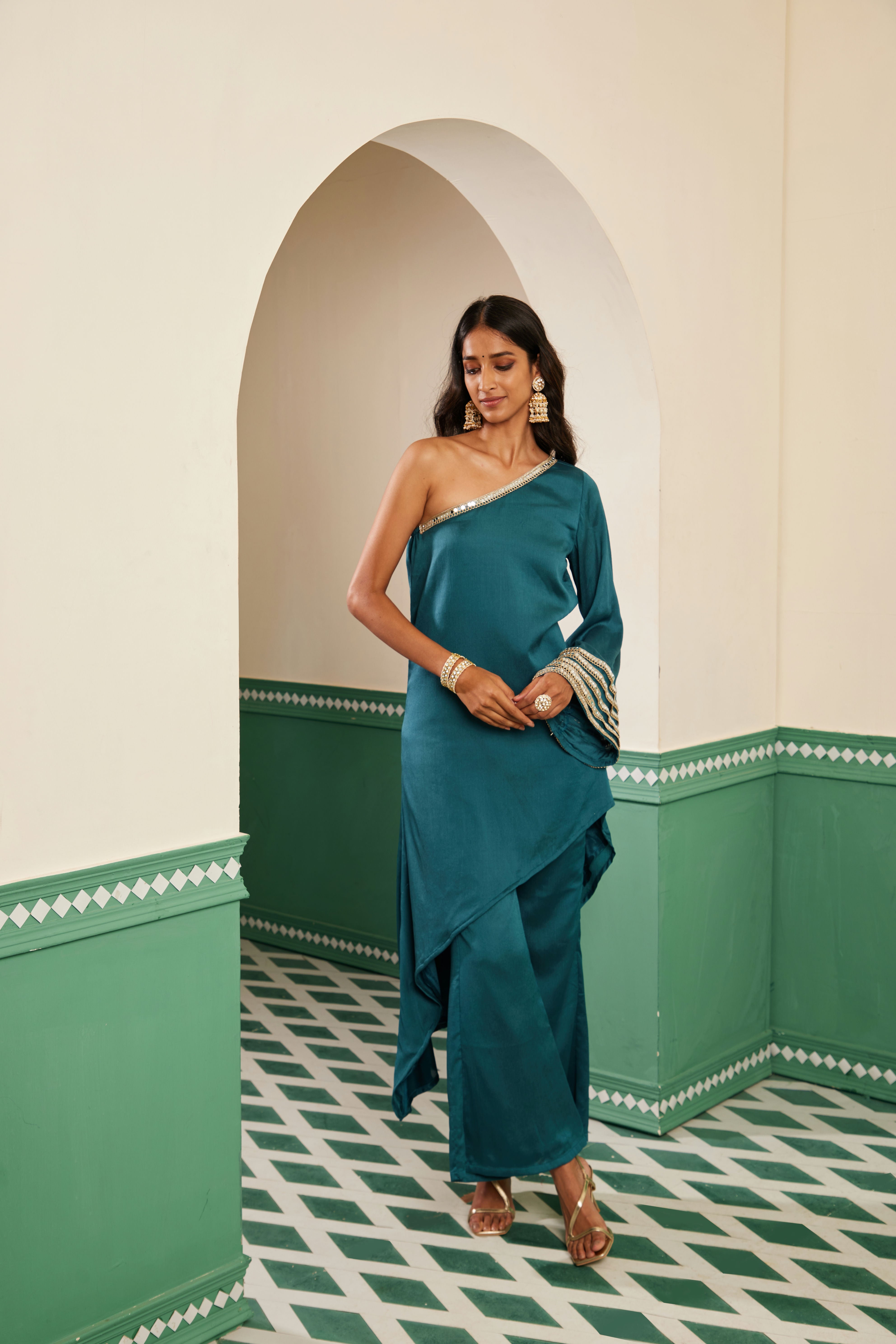 Sajda Teal Mirrorwork One shoulder Kurta