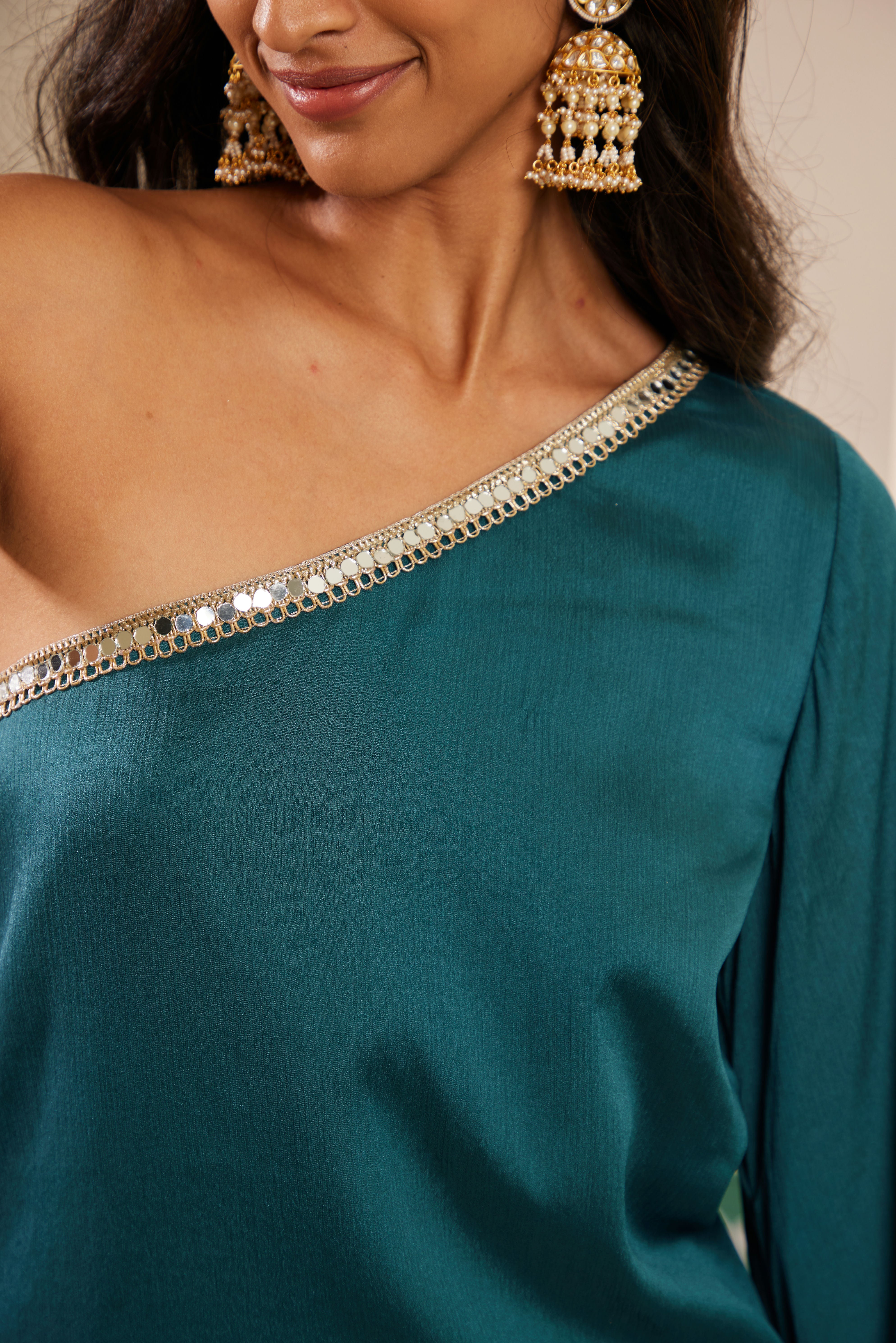 Sajda Teal Mirrorwork One shoulder Kurta