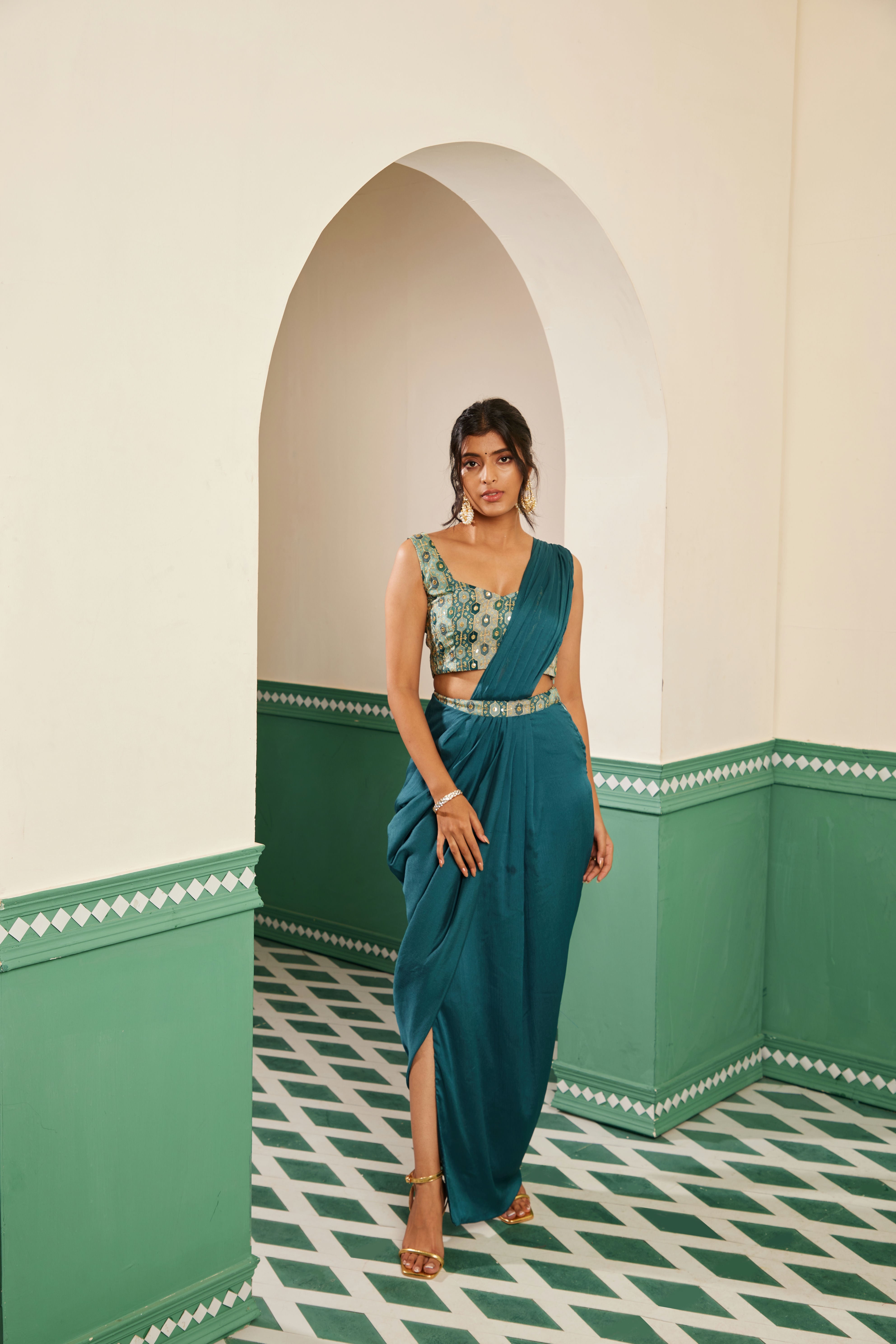 Sajda Teal Draped Dhoti Sari Set