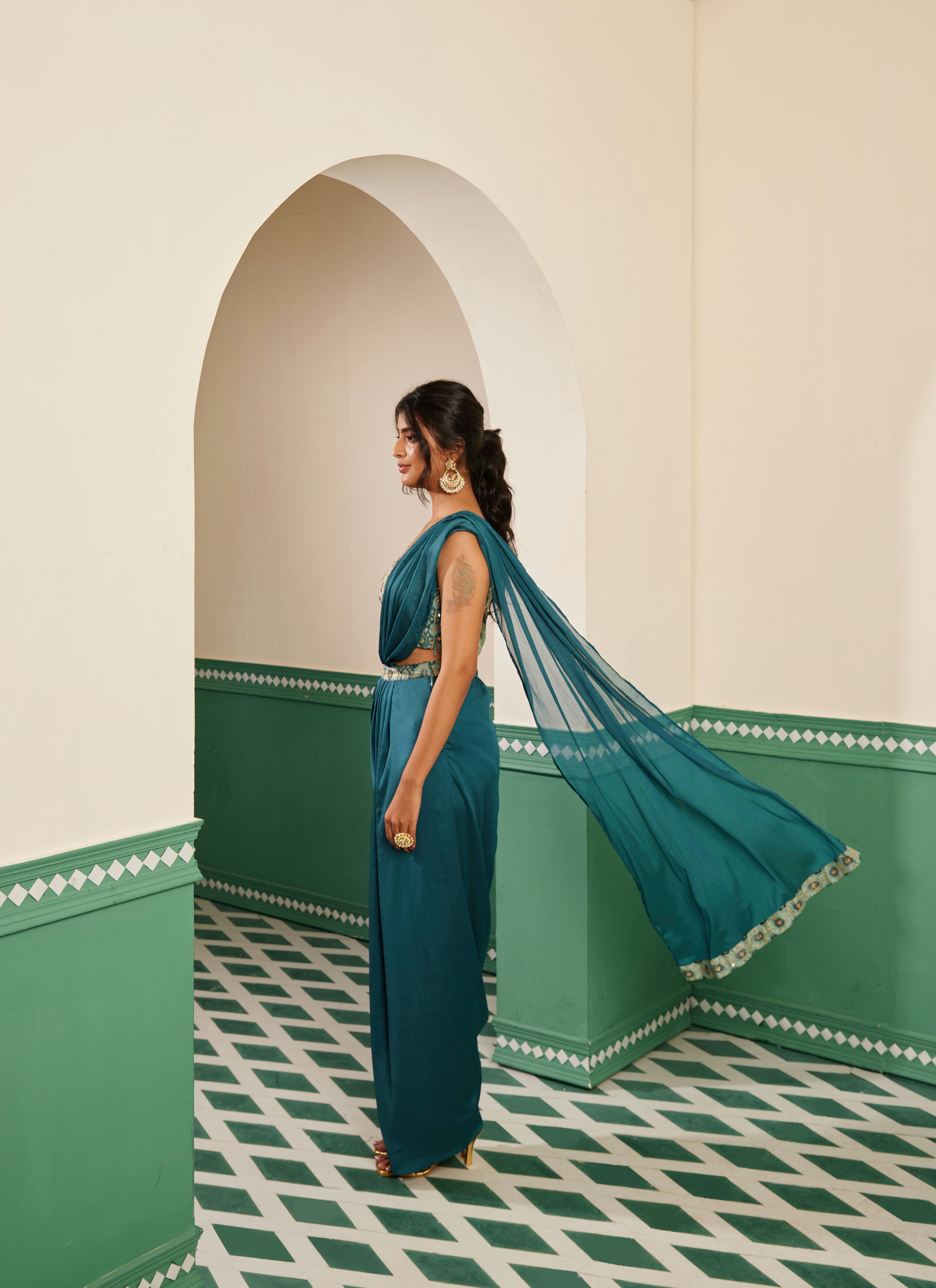 Sajda Teal Draped Dhoti Sari Set