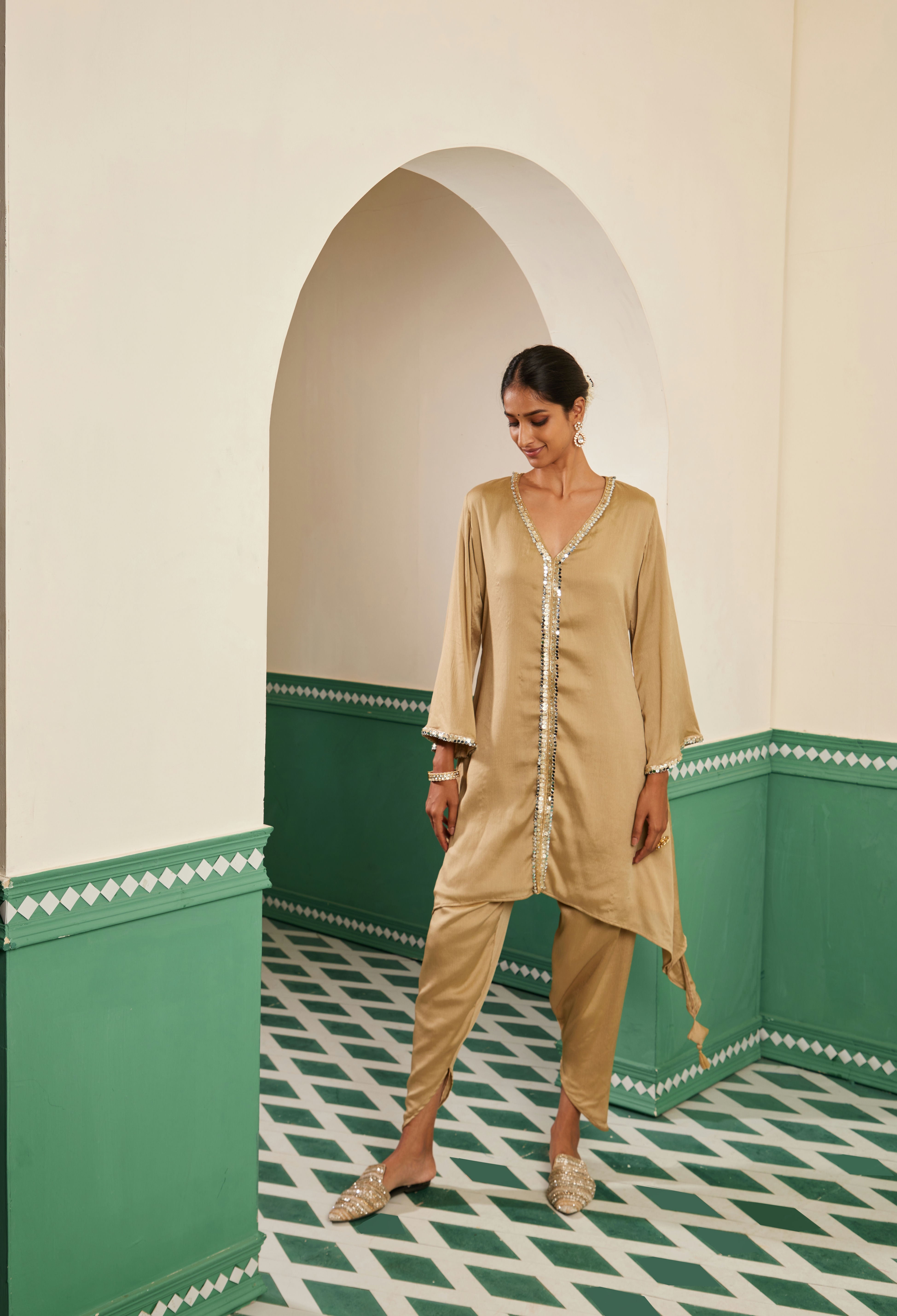 Sajda Champagne Mirrorwork Tassel Kurta