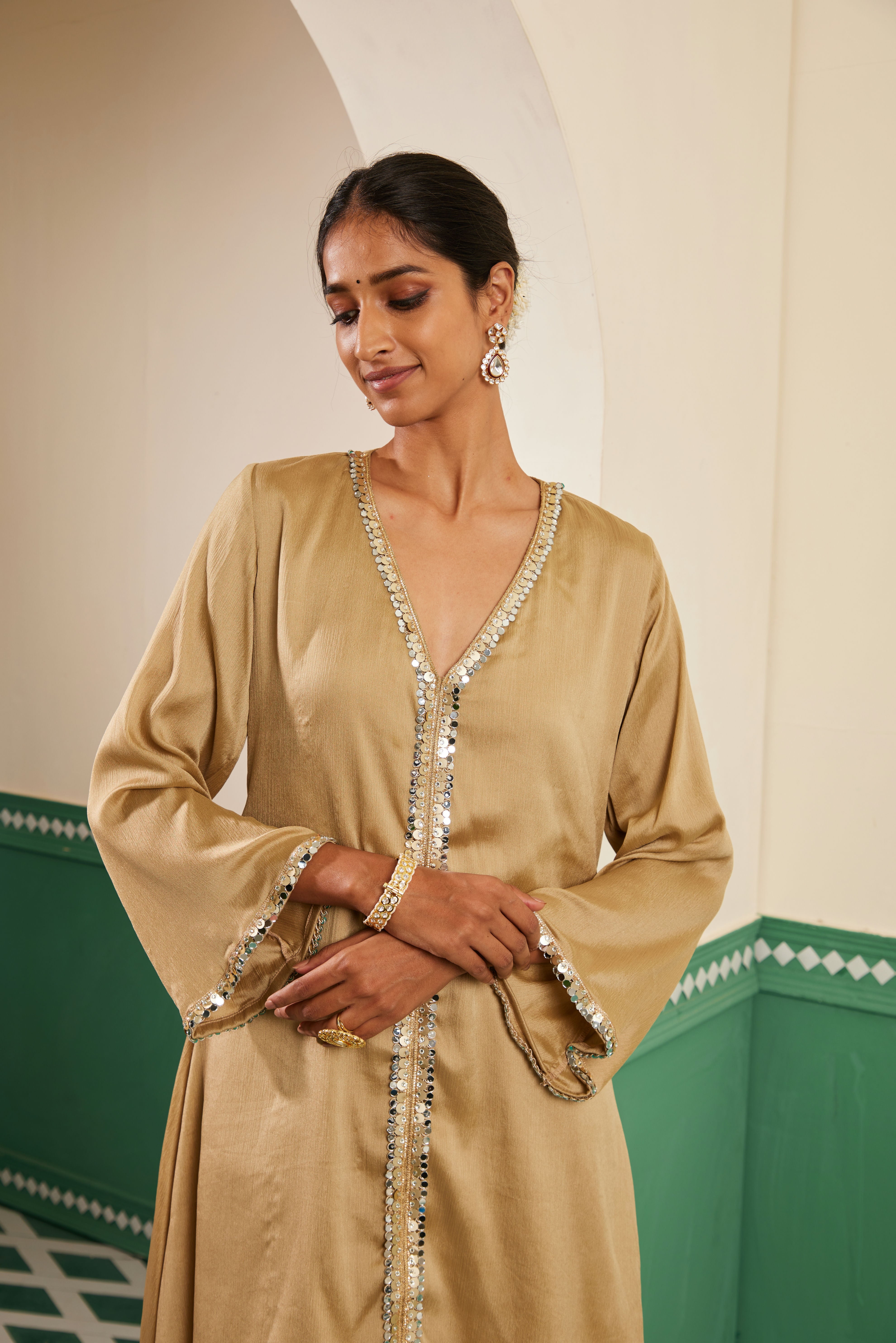 Sajda Champagne Mirrorwork Tassel Kurta