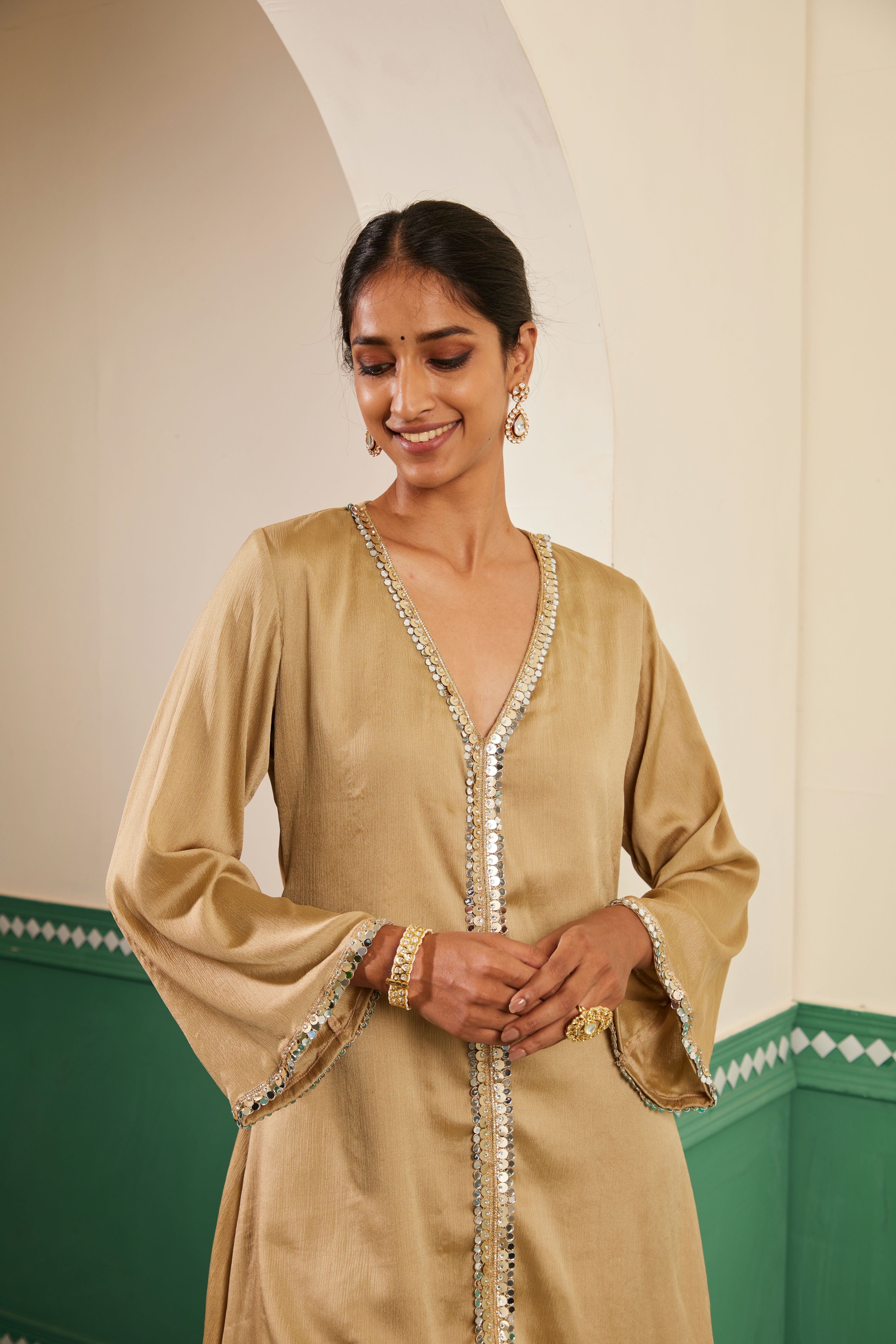 Sajda Champagne Mirrorwork Kurta Set