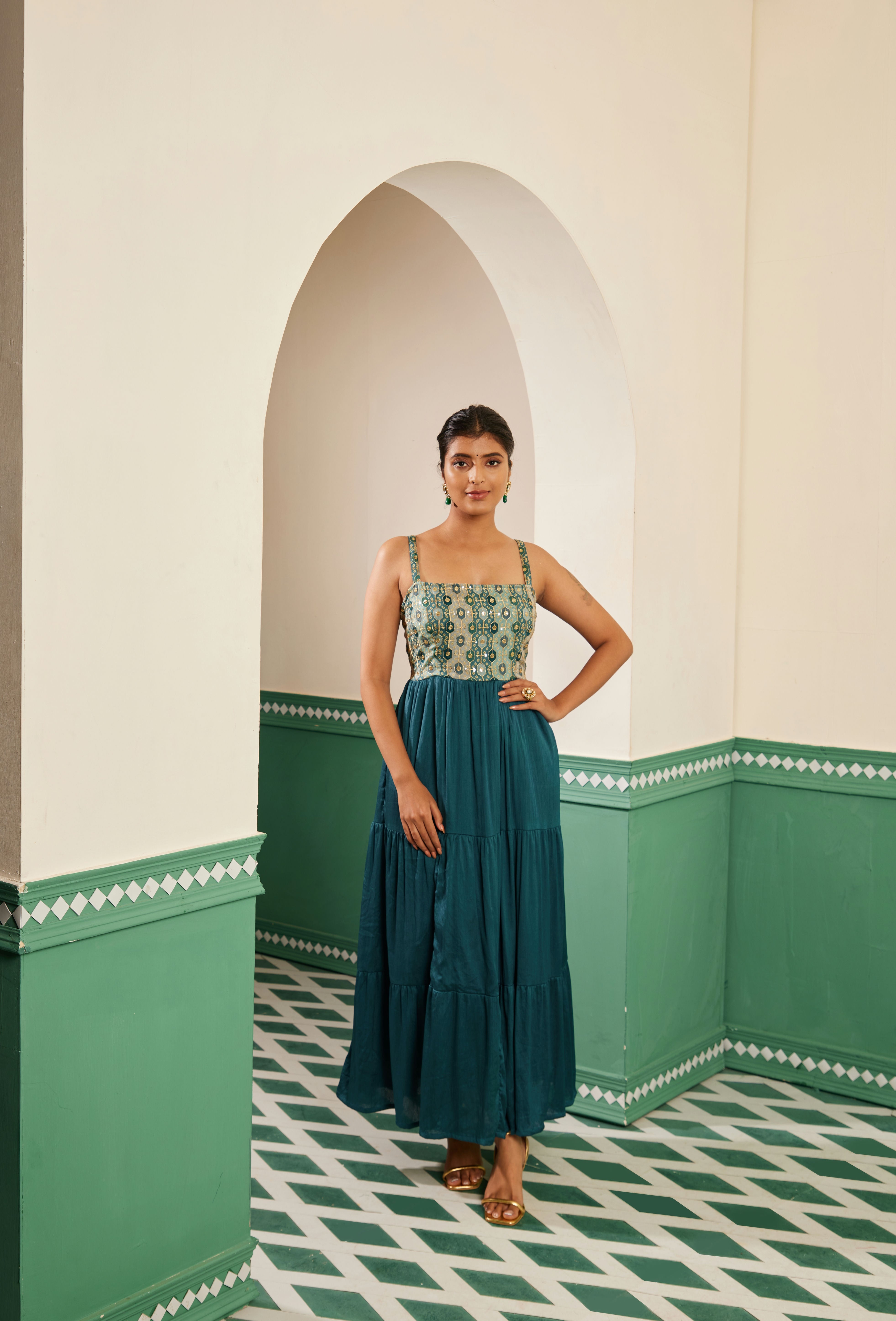 Sajda Teal Embroidered Maxi Dress