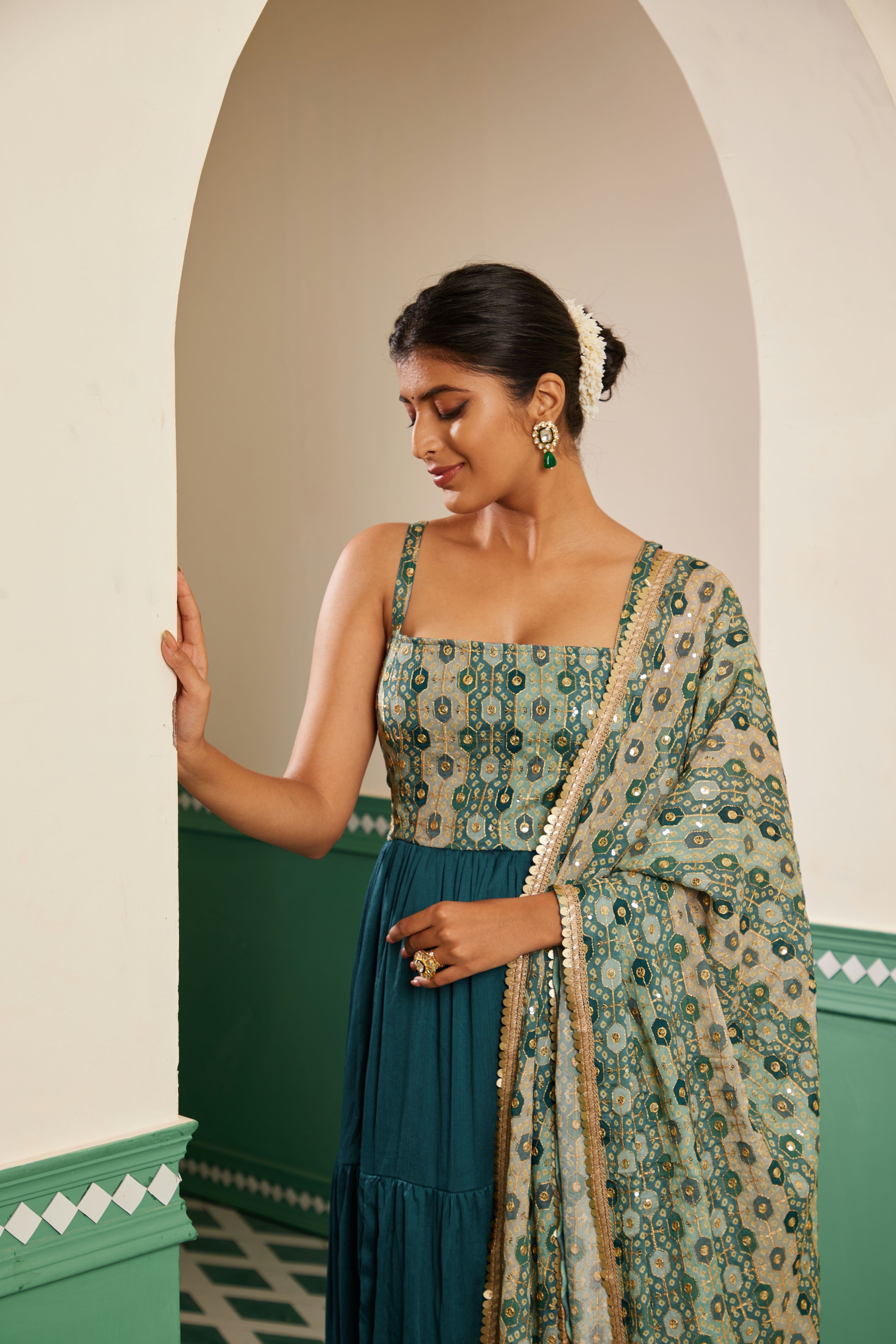 Sajda Teal Embroidered Maxi Dress