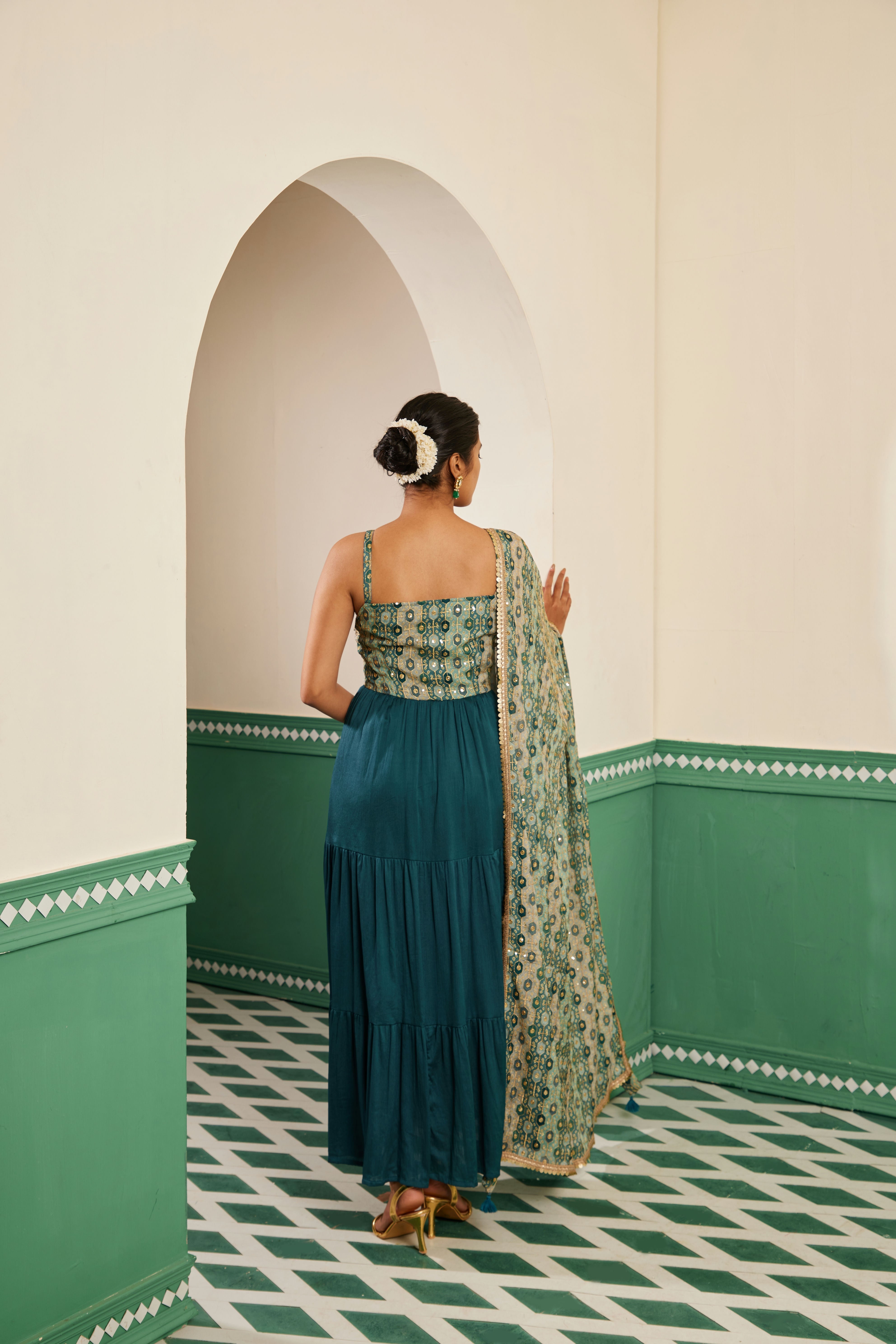 SAJDA TEAL EMROIDERED MAXI DRESS AND DUPATTA SET