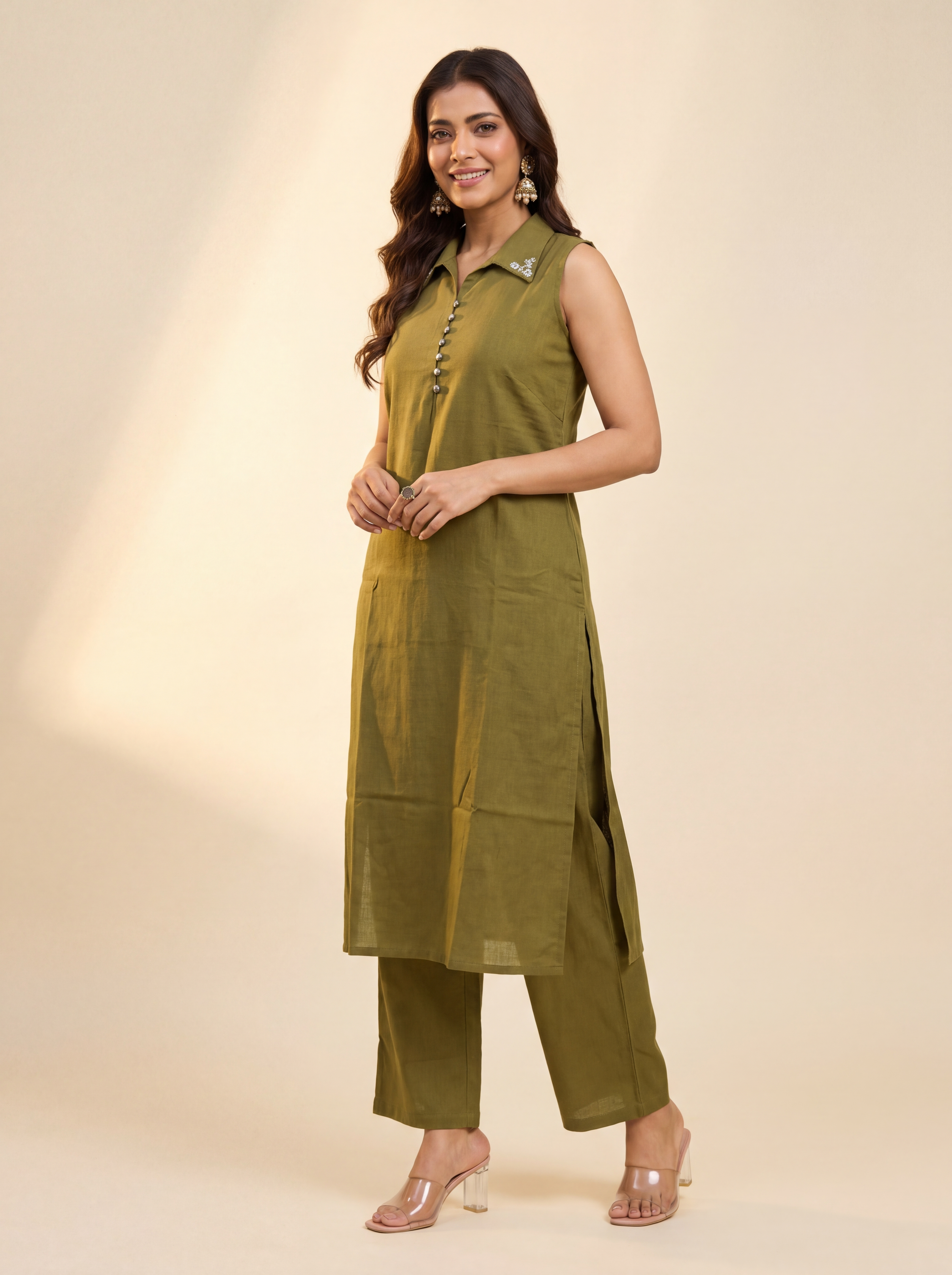 Alaya Select Olive Petal Collar Kurta Set