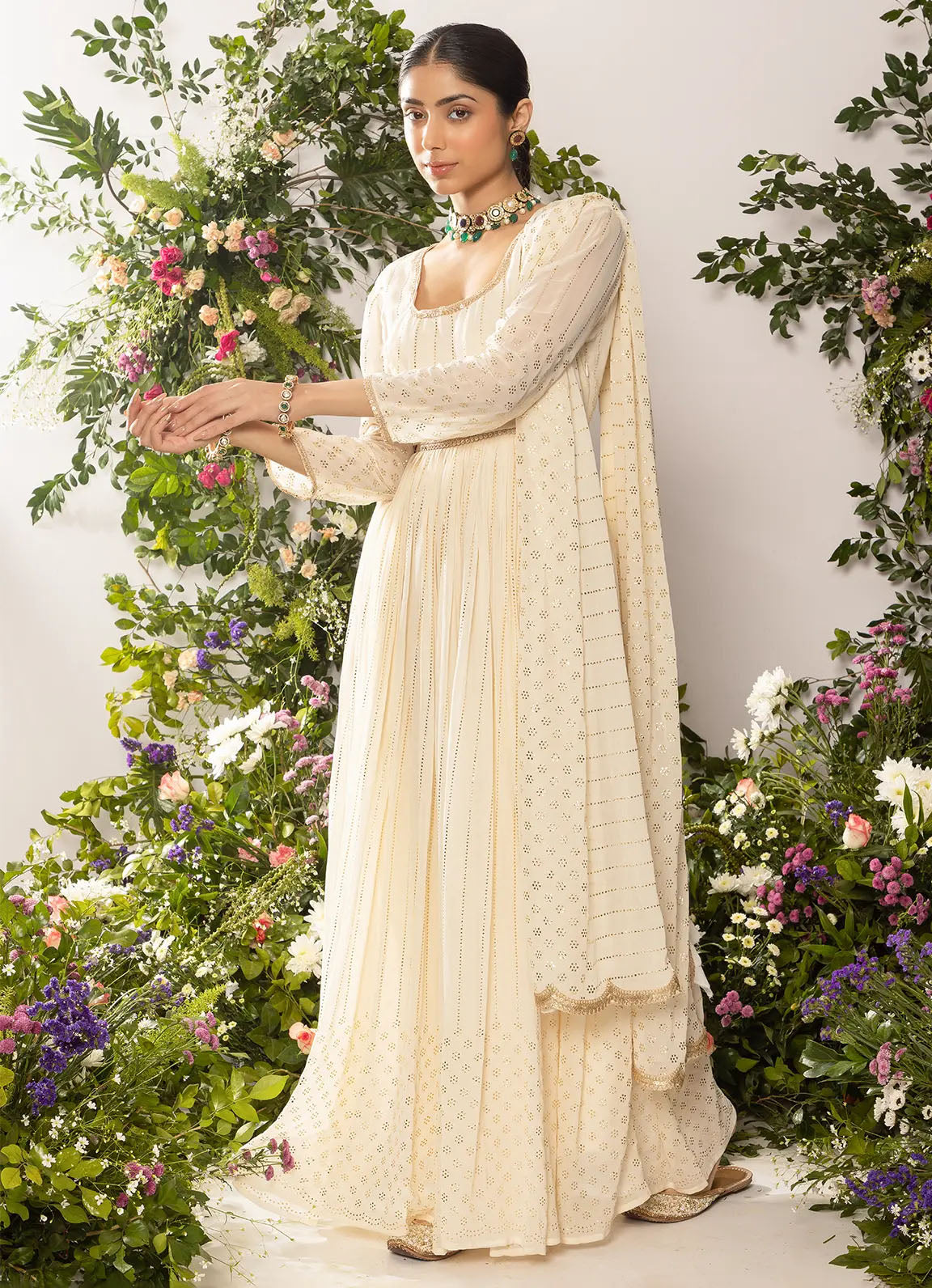 astoria Ivory Mukaish Work Anarkali with Dupatta