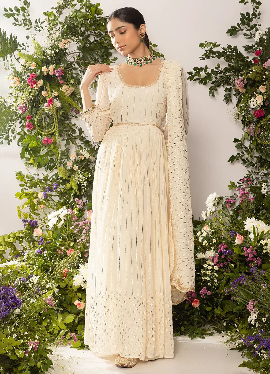 astoria Ivory Mukaish Work Anarkali with Dupatta