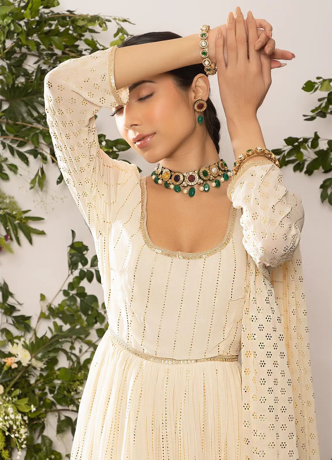 astoria Ivory Mukaish Work Anarkali with Dupatta