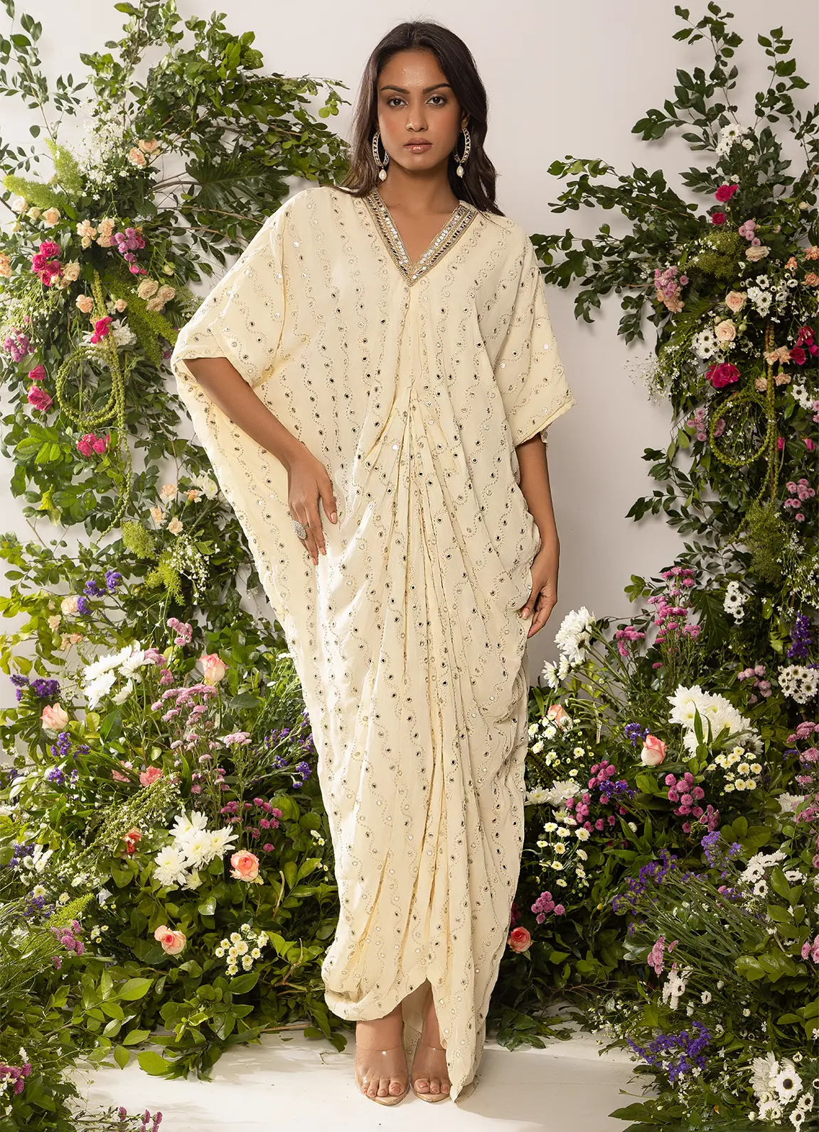 astoria Ivory Mirror Work Drape Kaftan