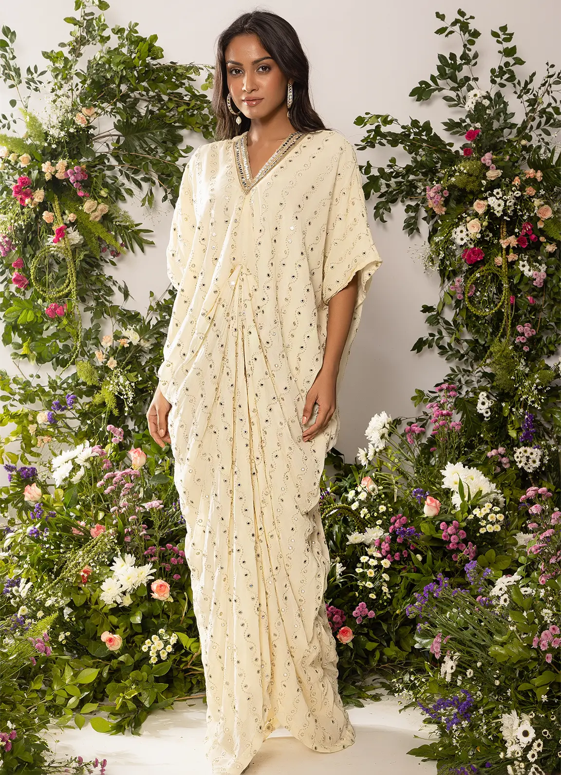 astoria Ivory Mirror Work Drape Kaftan