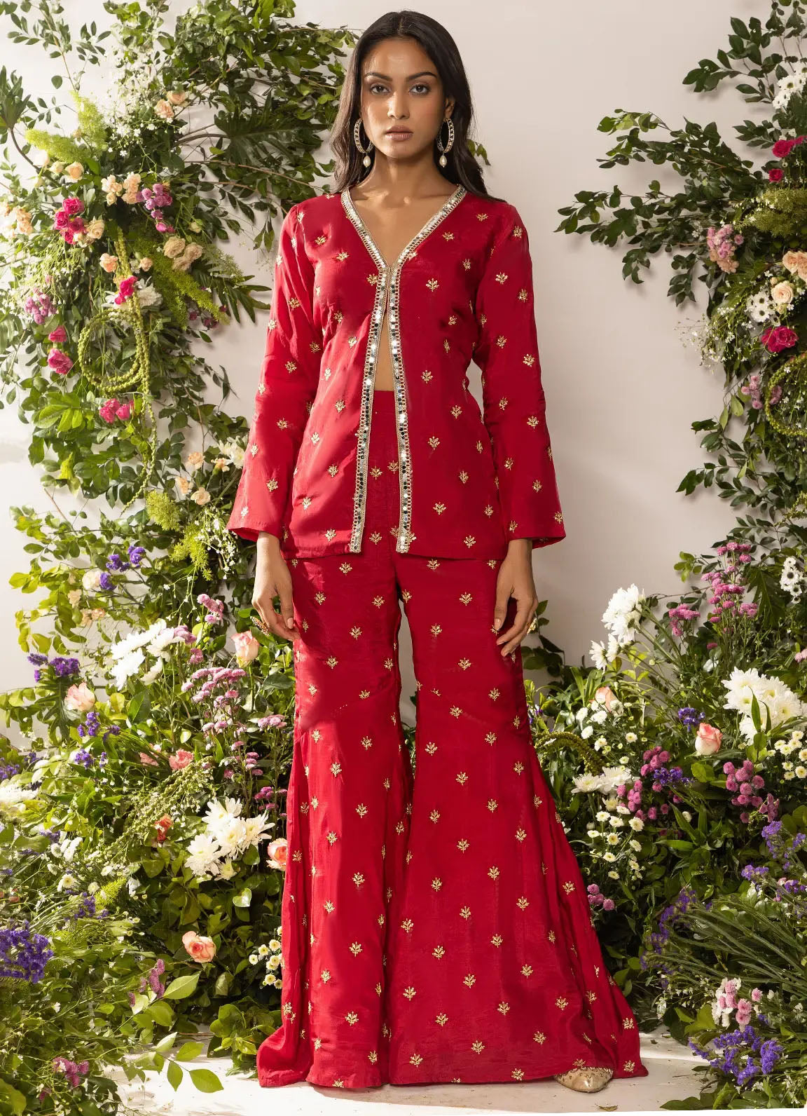 Astoria Red Zari Motif Front Slit Kurta with Gharara