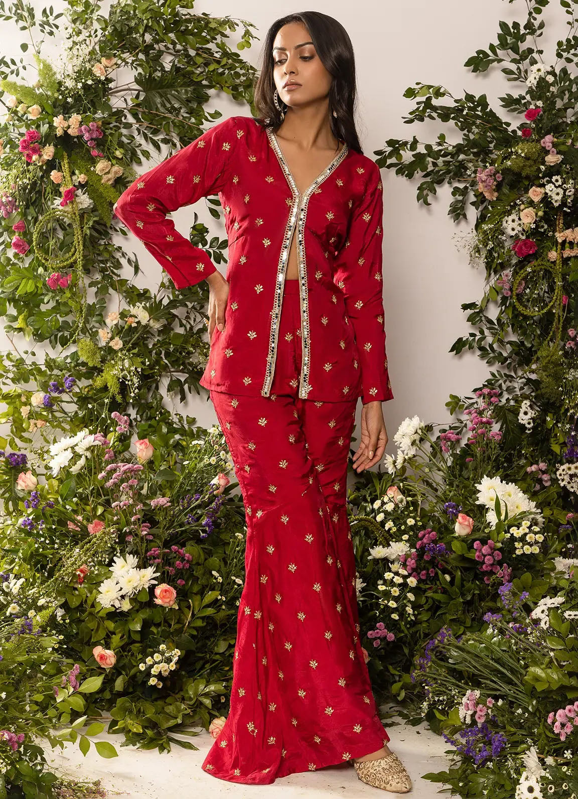 Astoria Red Zari Motif Front Slit Kurta with Gharara