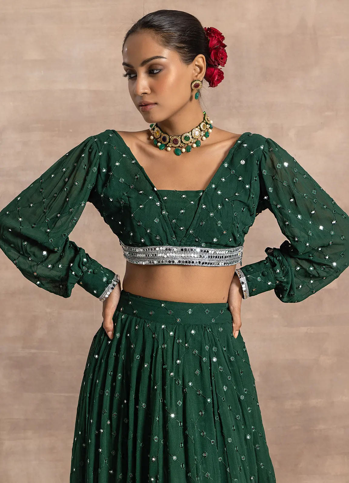 Astoria Emerald Mirror Work Plunge Neck Blouse