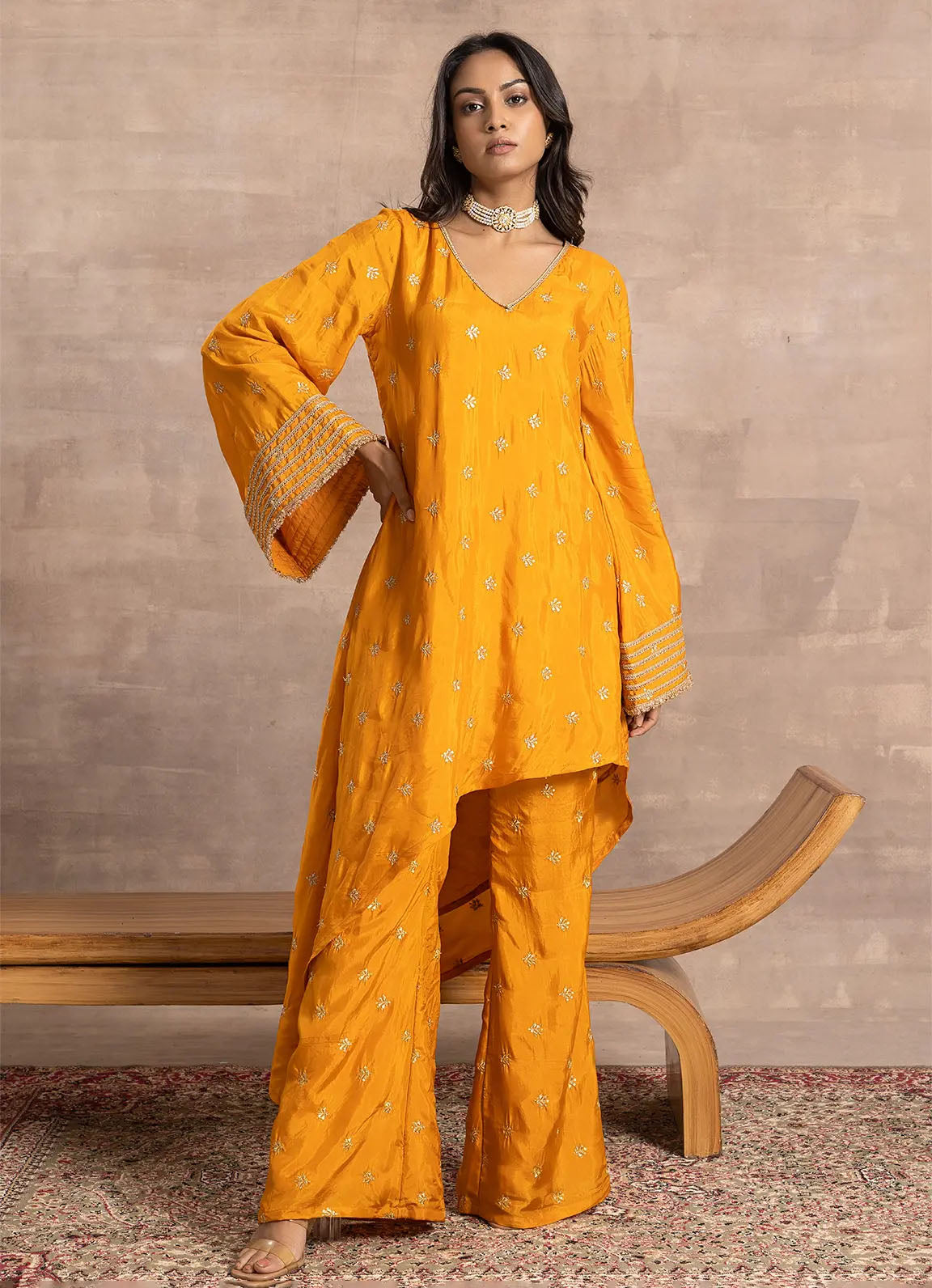 Astoria Mango Yellow Zari Motif Asymmetric Kurta set